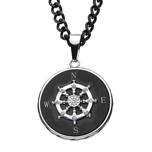 Stainless Steel Black Plated Ship's Wheel Compass Pendant with Chain