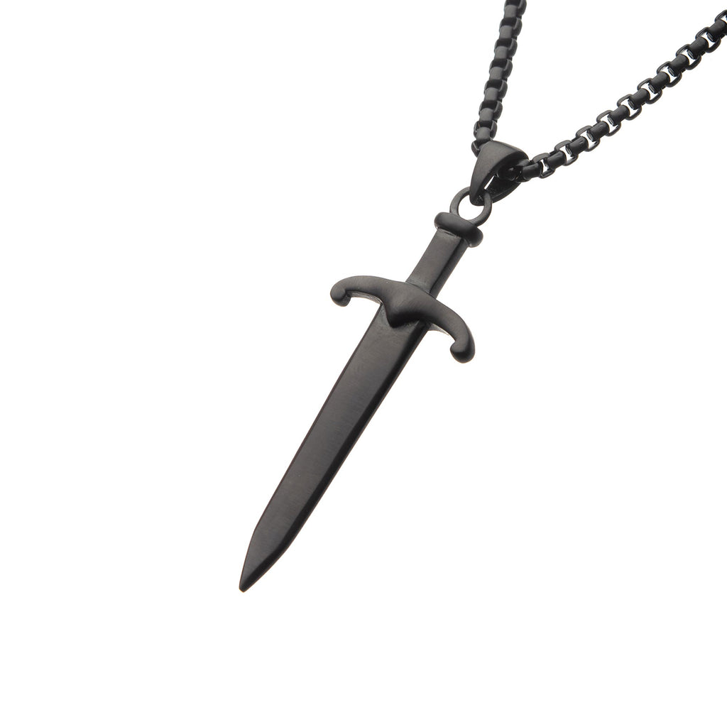 Steel Black Plated Sword Pendant with Black Bold Box Chain