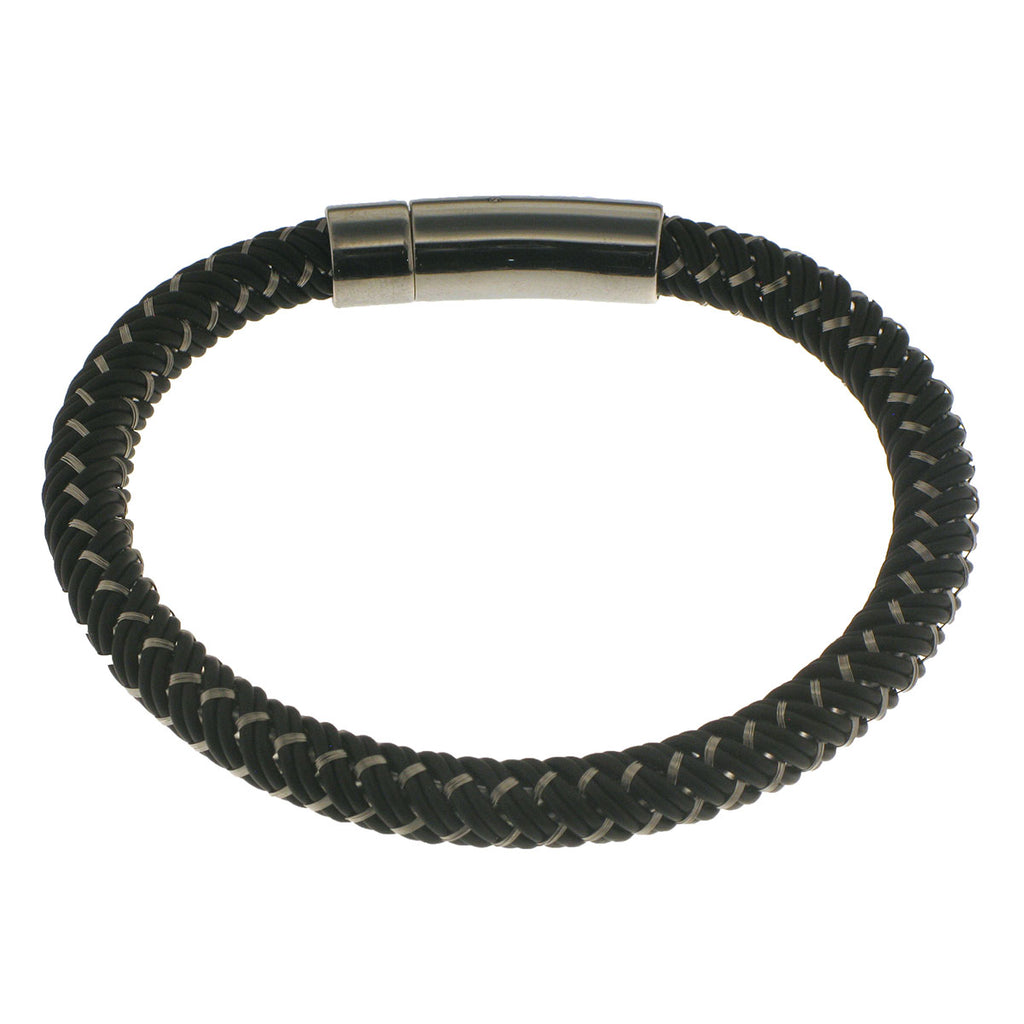 Herringbone Round Weave Bracelet in Black/Stainless