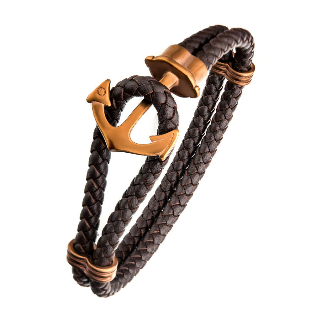 Brown Leather Anchor Bracelet Cappuccino Plated