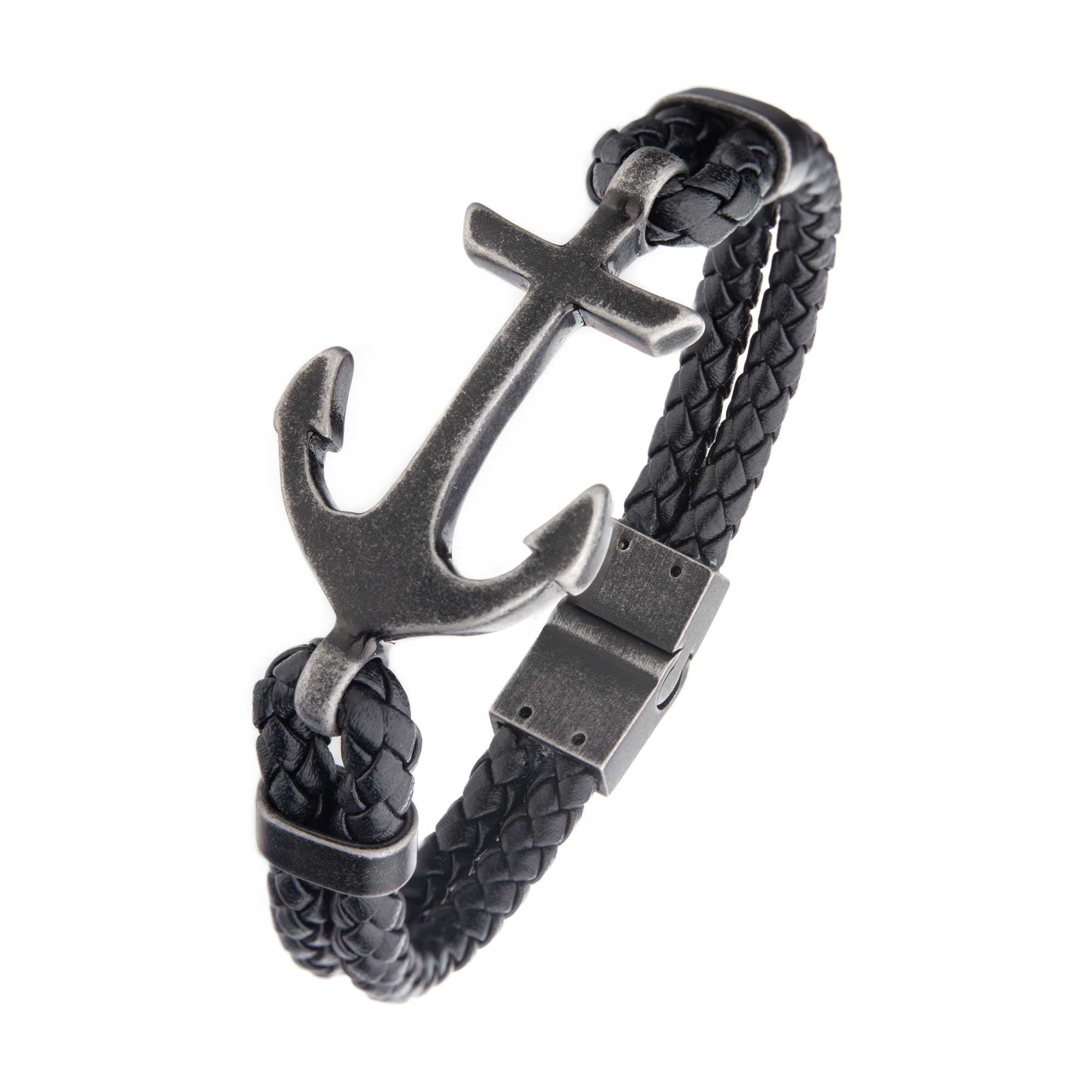 Black Antiqued Double Anchor Leather Bracelet