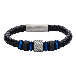 Stainless Steel Blue Plated Black Plated Leather Bracelet