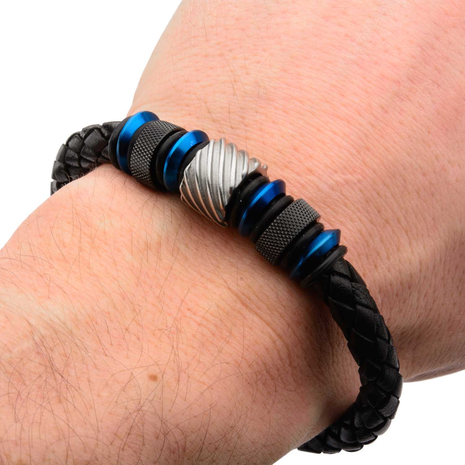 Stainless Steel Blue Plated Black Plated Leather Bracelet