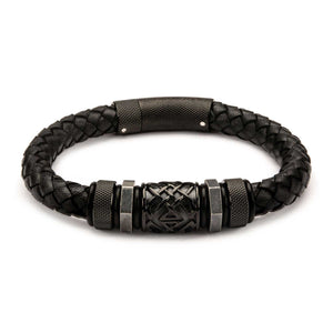 Black Braided Leather with Steel Black Plated Beads Bracelet