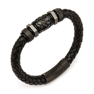 Black Braided Leather with Steel Black Plated Beads Bracelet