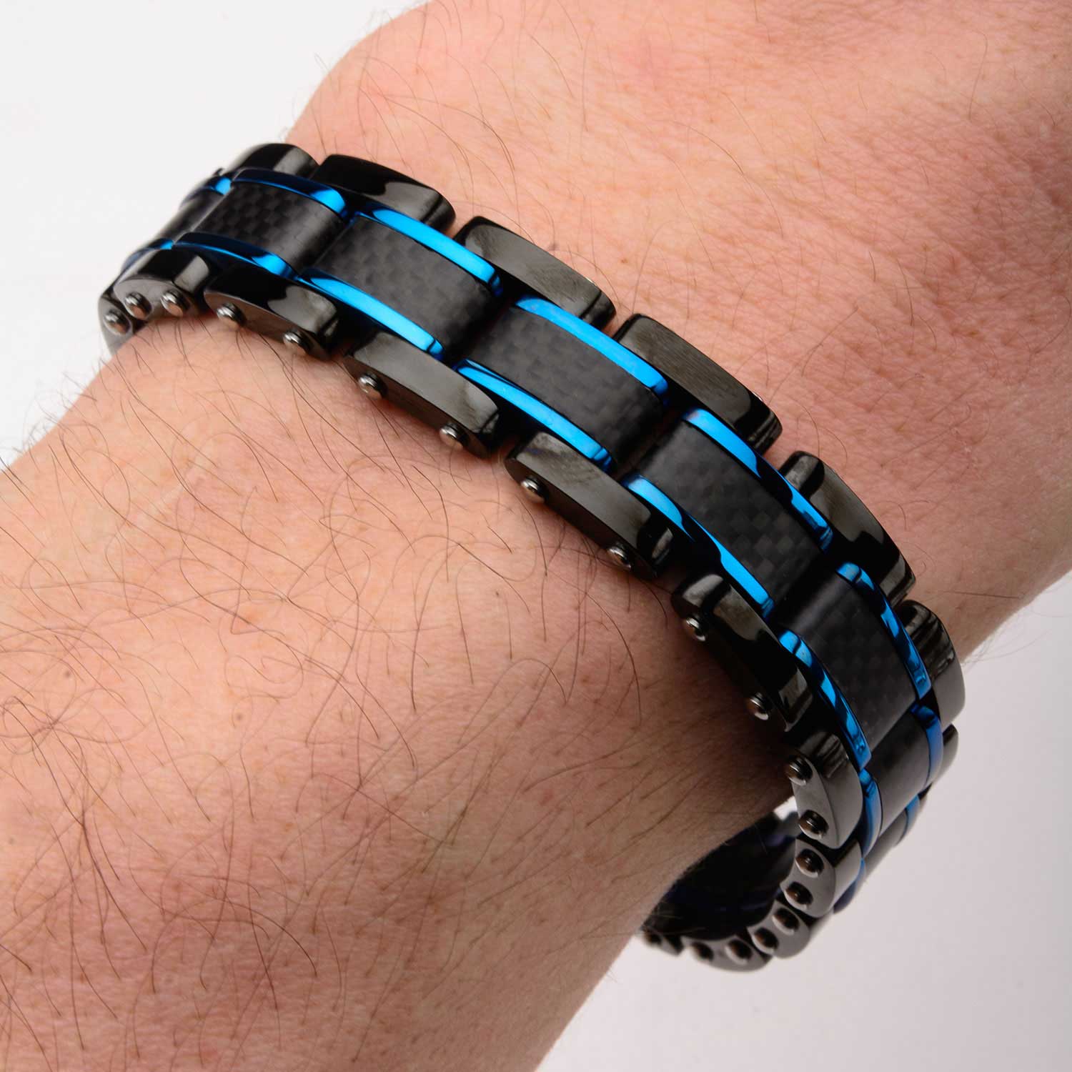 Stainless Steel Black Plated Blue Plated Carbon Fiber Link Bracelet