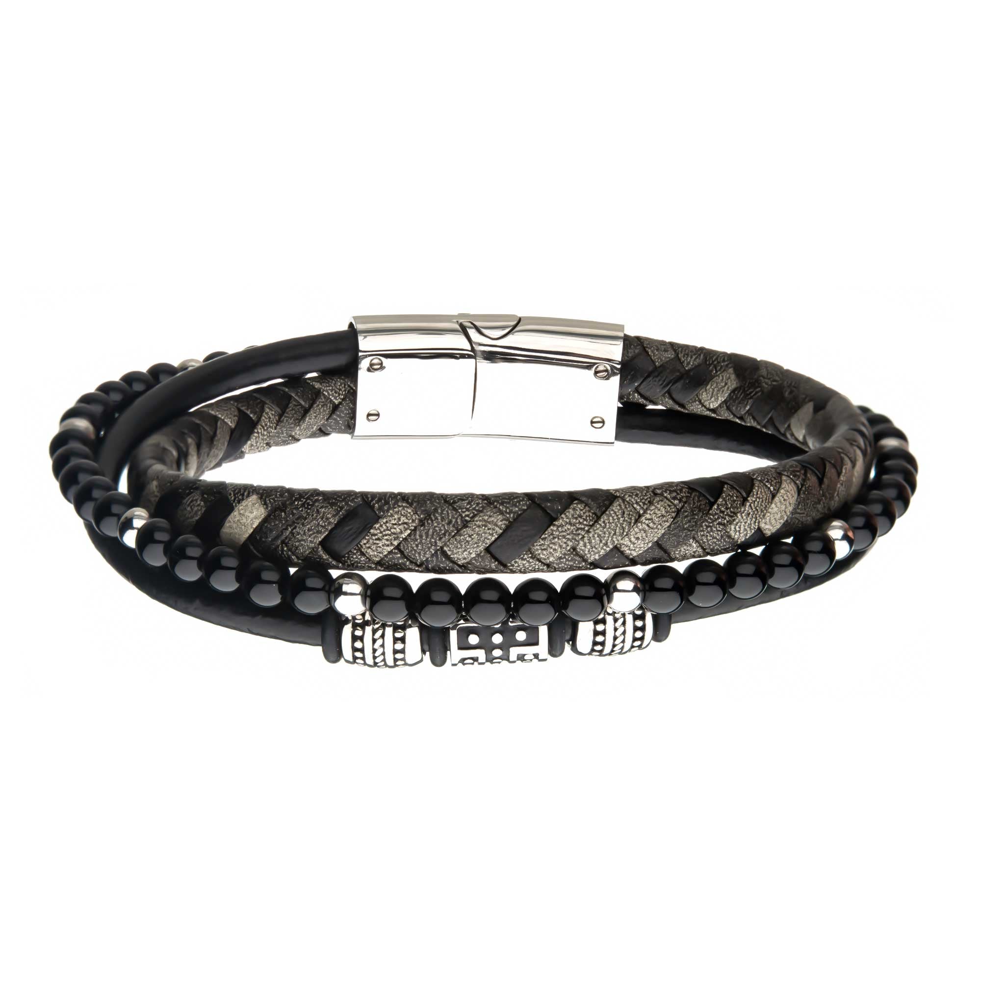 Black Onyx Beads with Black Braided Leather Layered Bracelet