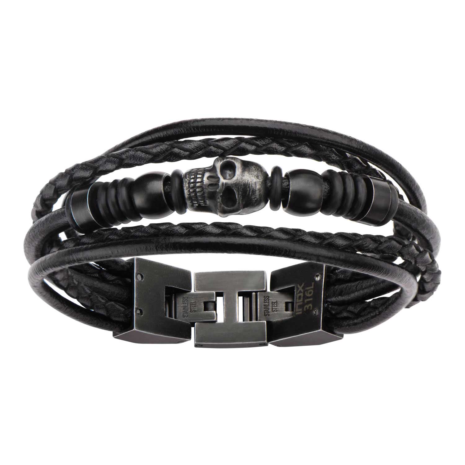 Multi Black Leather & Black Skull Beads Bracelet