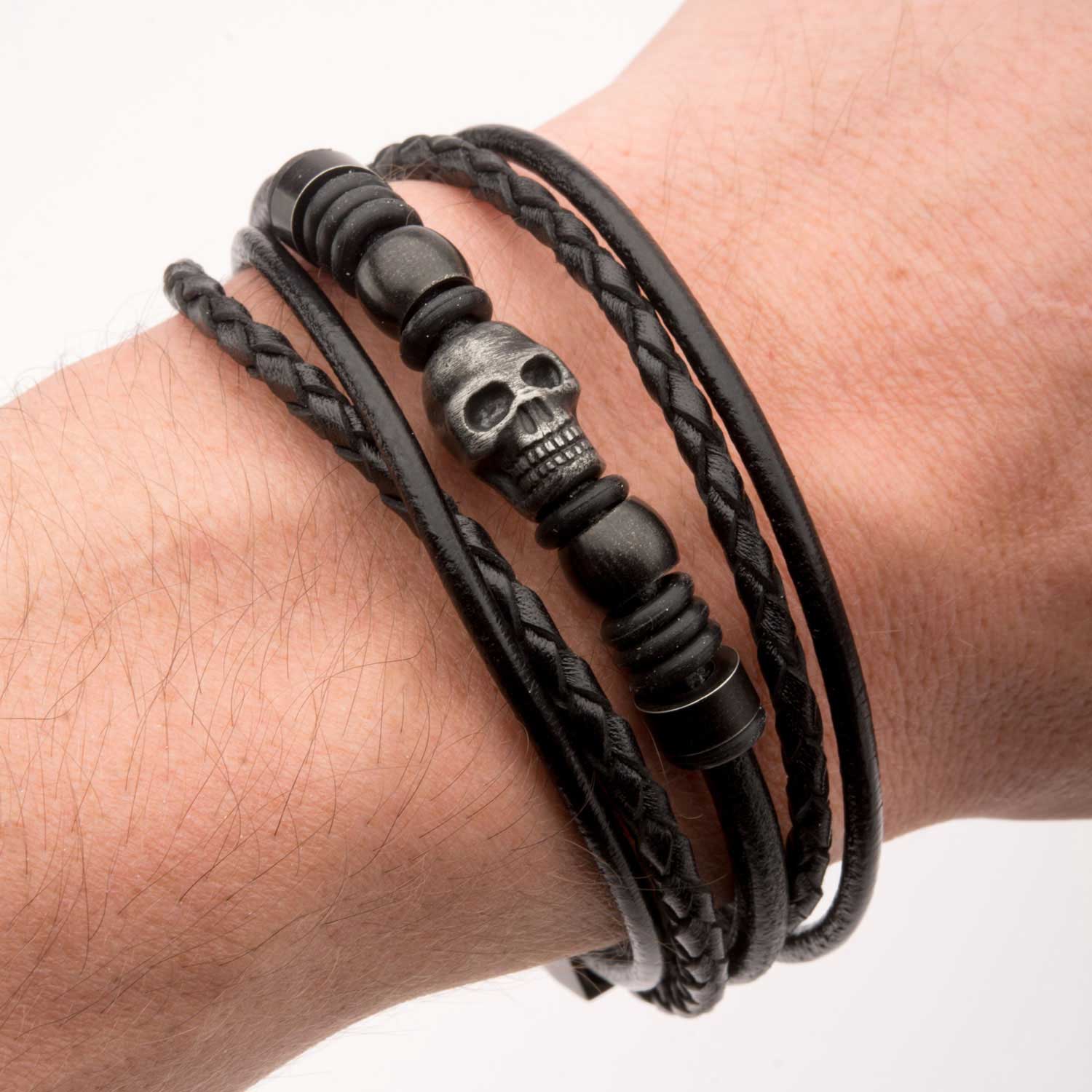 Multi Black Leather & Black Skull Beads Bracelet