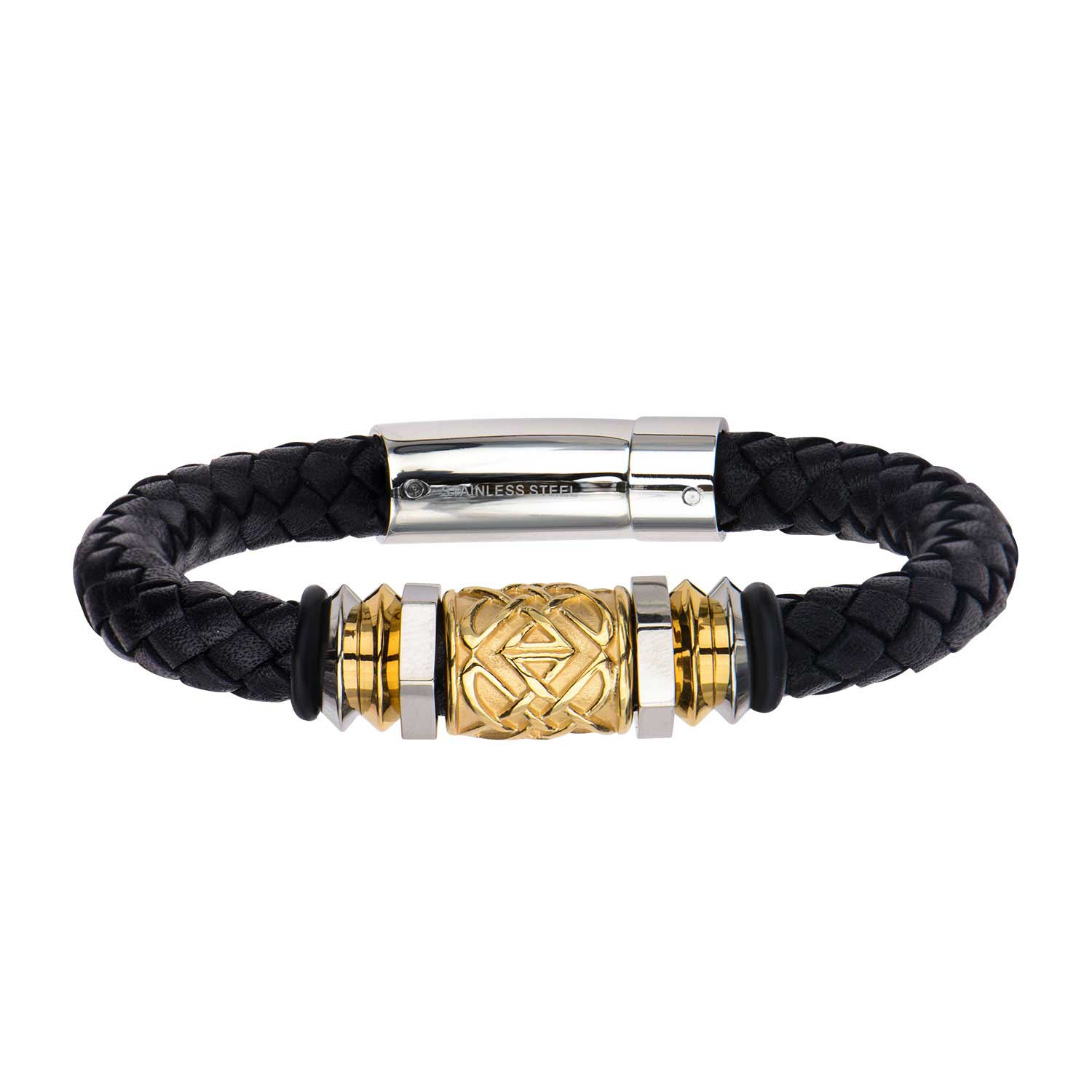 Steel and Gold Plated Bead in Black Braided Leather Bracelet