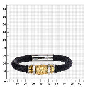 Steel and Gold Plated Bead in Black Braided Leather Bracelet