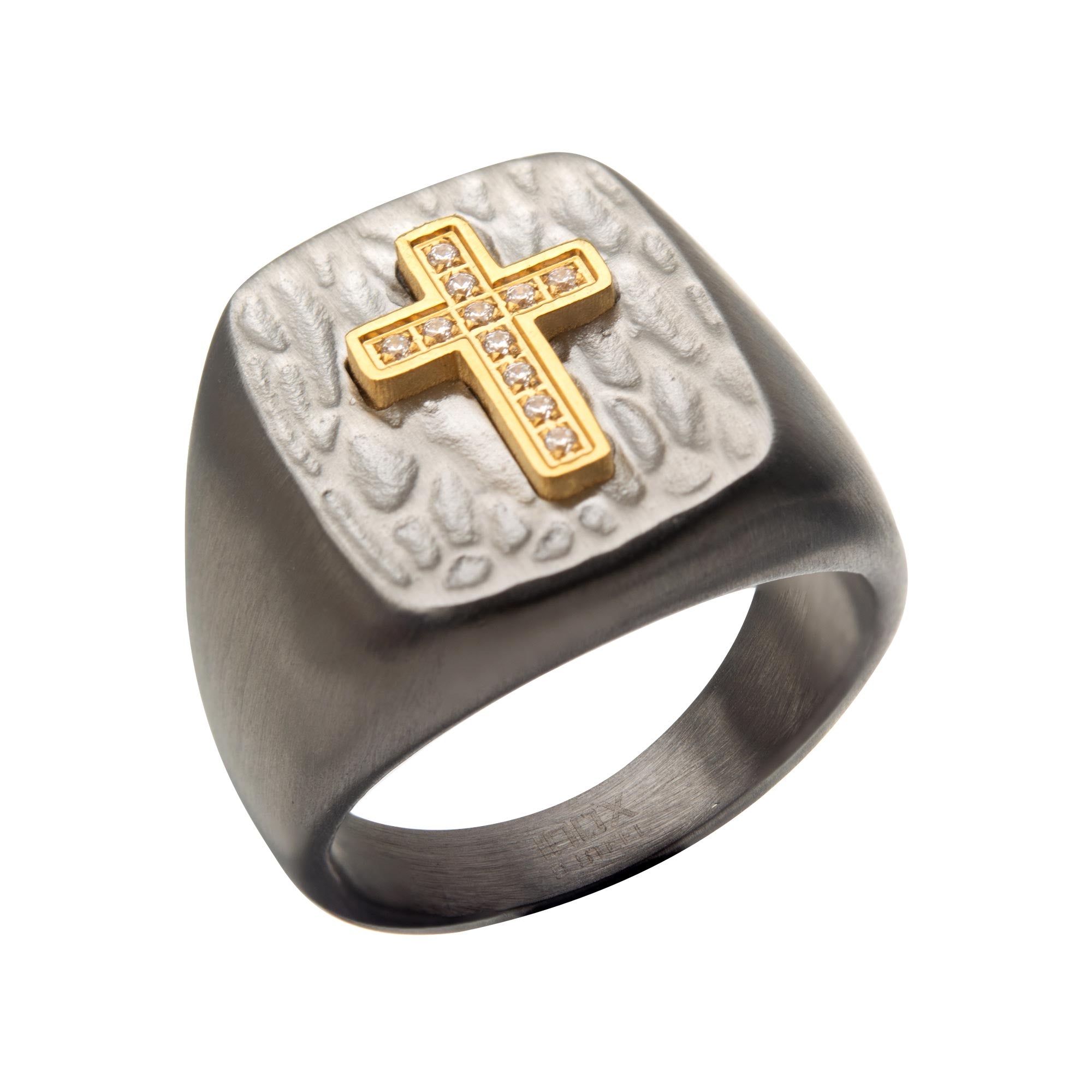 Gold Plated Cross with Clear CZs on Steel Hammered Signet Rings