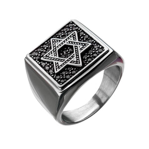 Stainless Steel with Black CZ Engraved Signet Ring