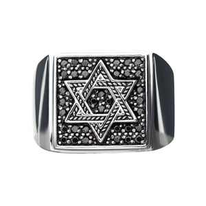 Stainless Steel with Black CZ Engraved Signet Ring