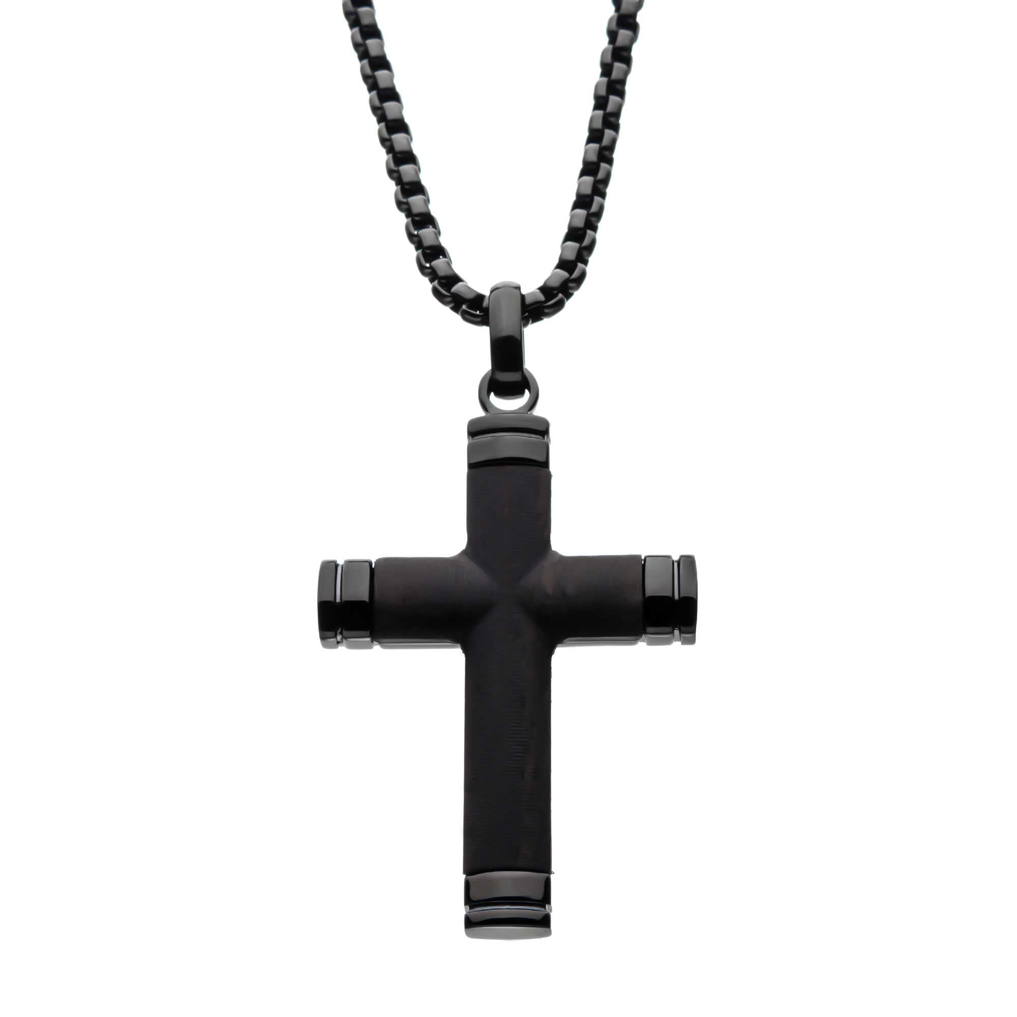 Black Plated Genuine Ebony Wood Inlayed Cross Pendant with Black Bold Box Chain