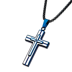 Steel Blue Plated with Clear Gem Cross Pendant with Black Bold Box Chain