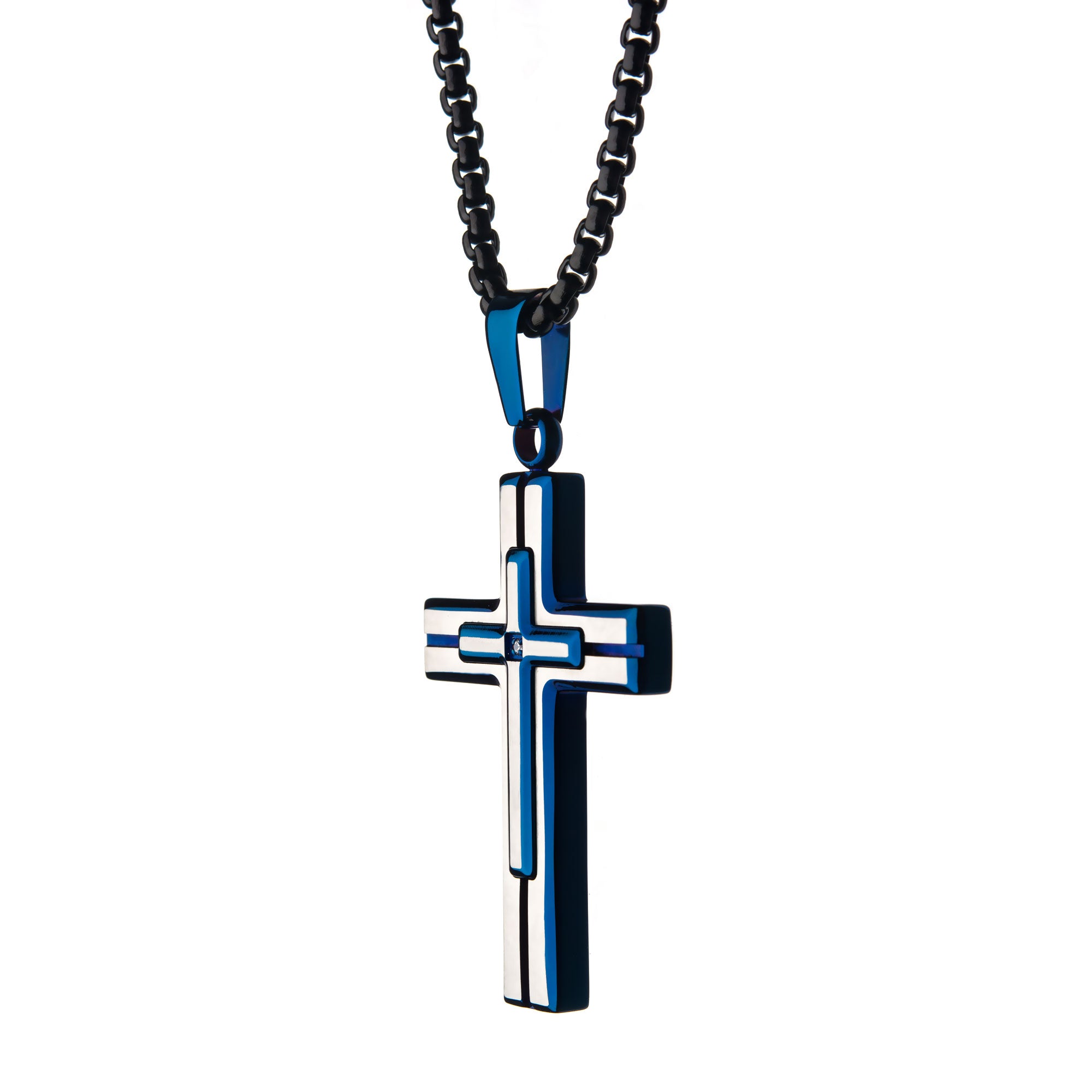 Steel Blue Plated with Clear Gem Cross Pendant with Black Bold Box Chain