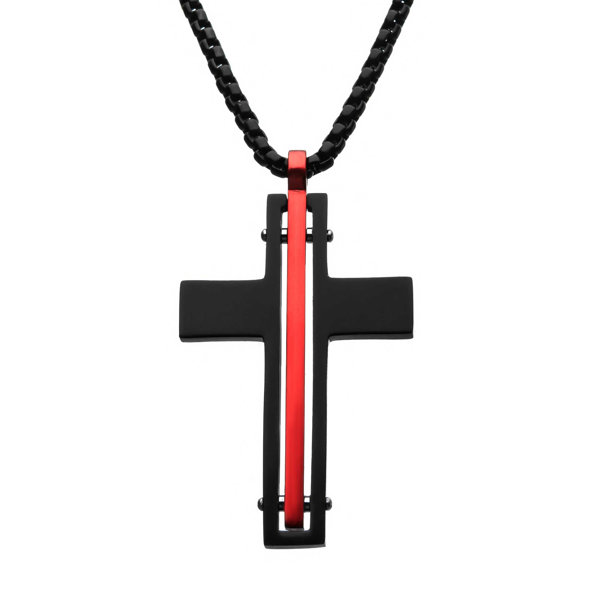 Dante - Black and Red Matte Thin Red Line Cross Pendant with Round Bolo Chain