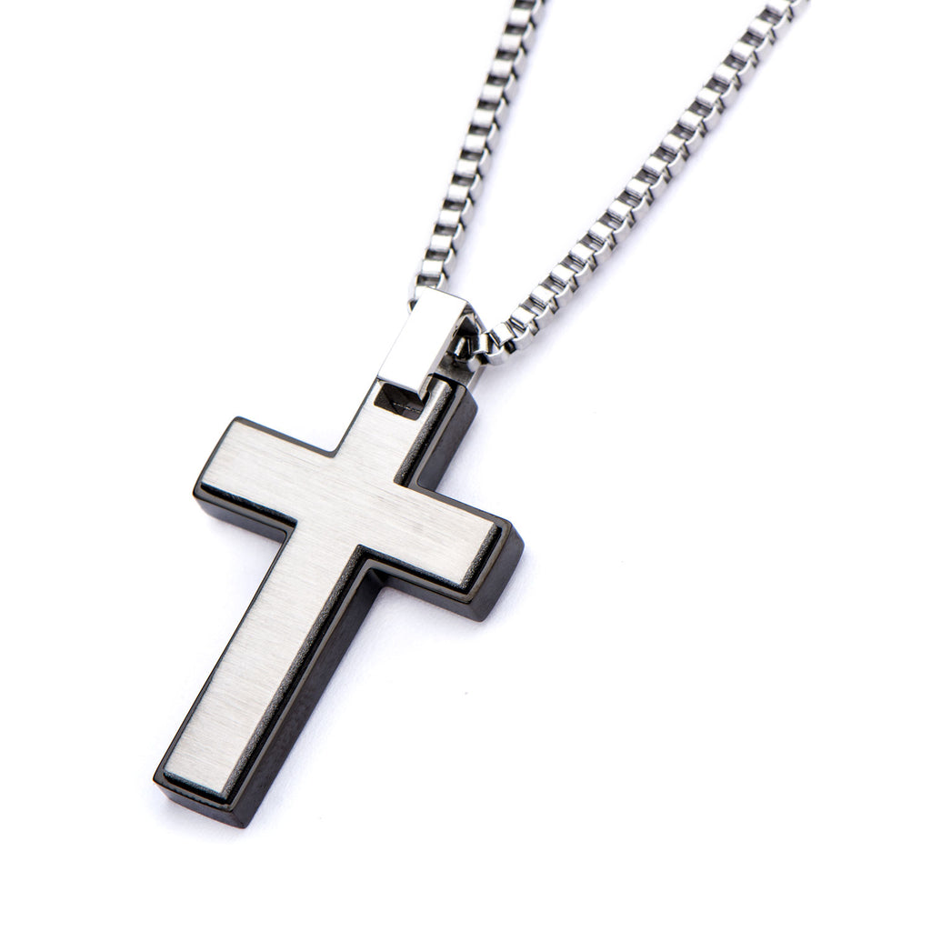 Black Plated and Stainless Steel Cross Pendant with Chain