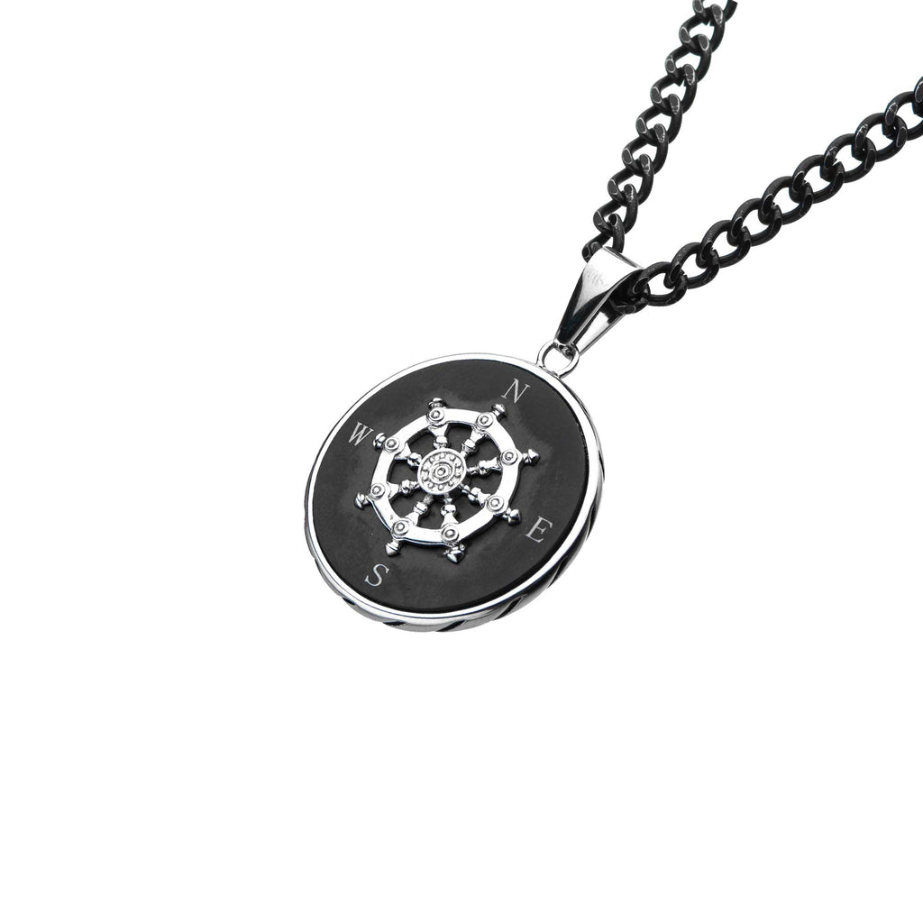 Stainless Steel Black Plated Ship's Wheel Compass Pendant with Chain