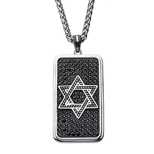 Stainless Steel with Black CZ Dog Tag Pendant with Wheat Chain