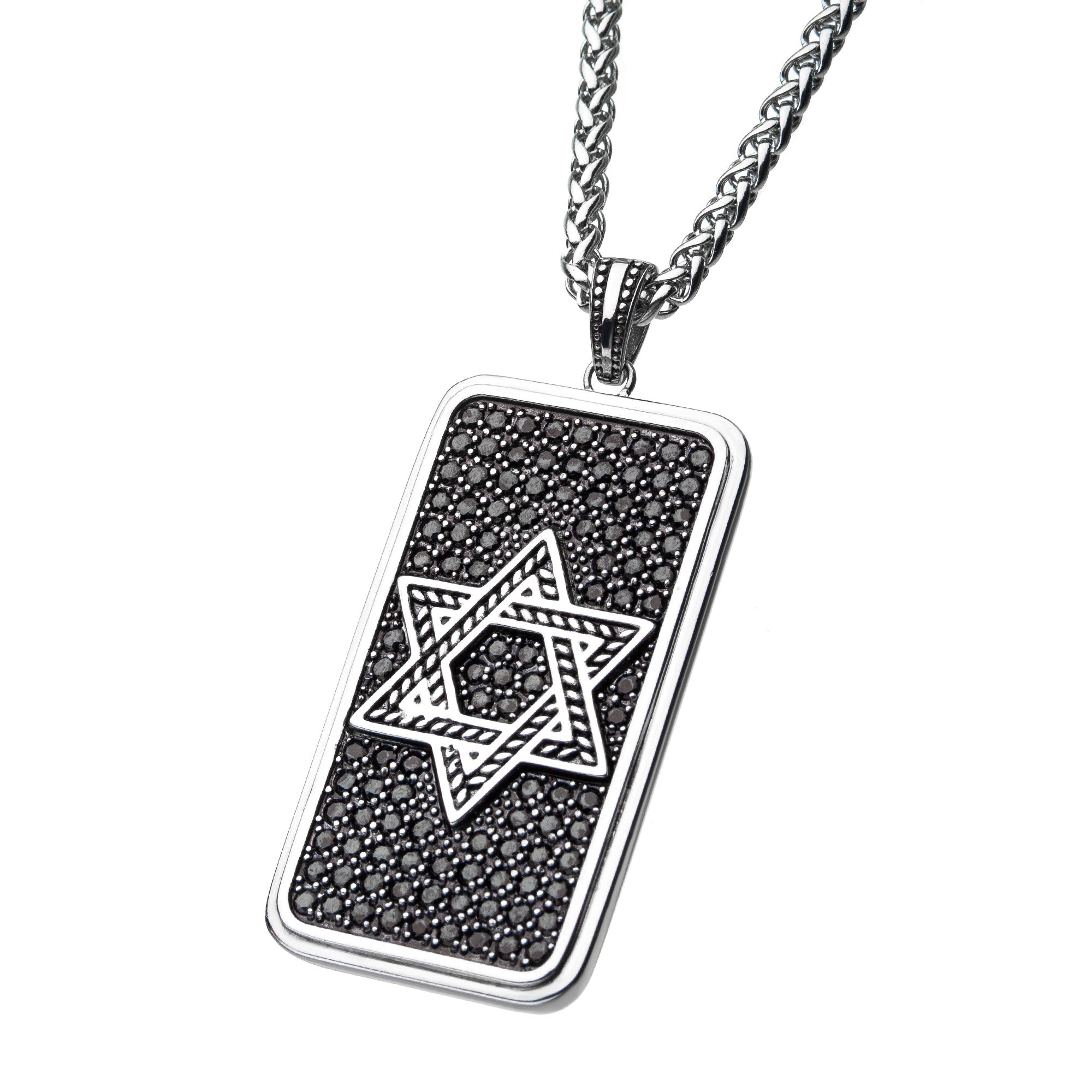Stainless Steel with Black CZ Dog Tag Pendant with Wheat Chain