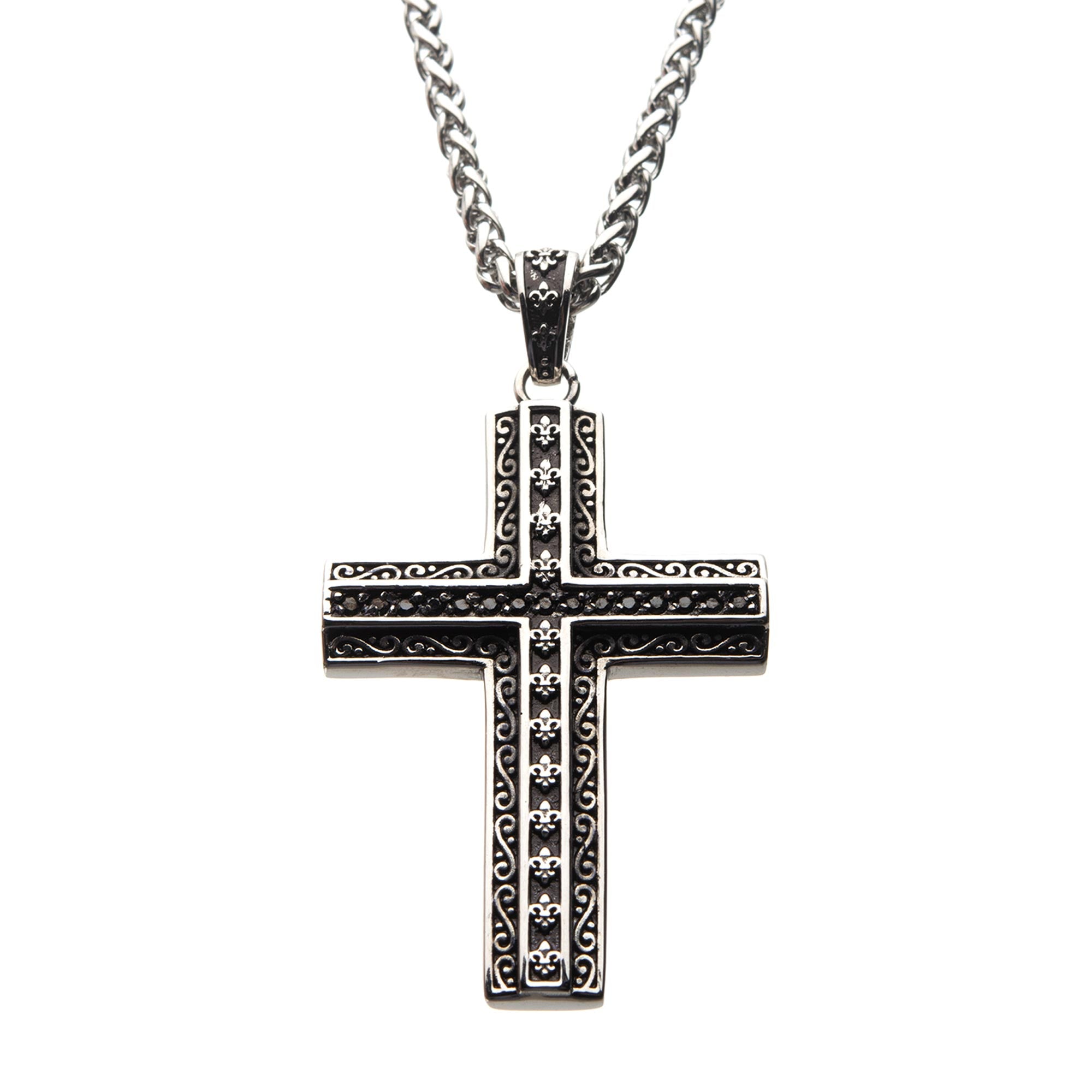 Black Oxidized Steel Cross with Black CZs Pendant with Steel Wheat Chain