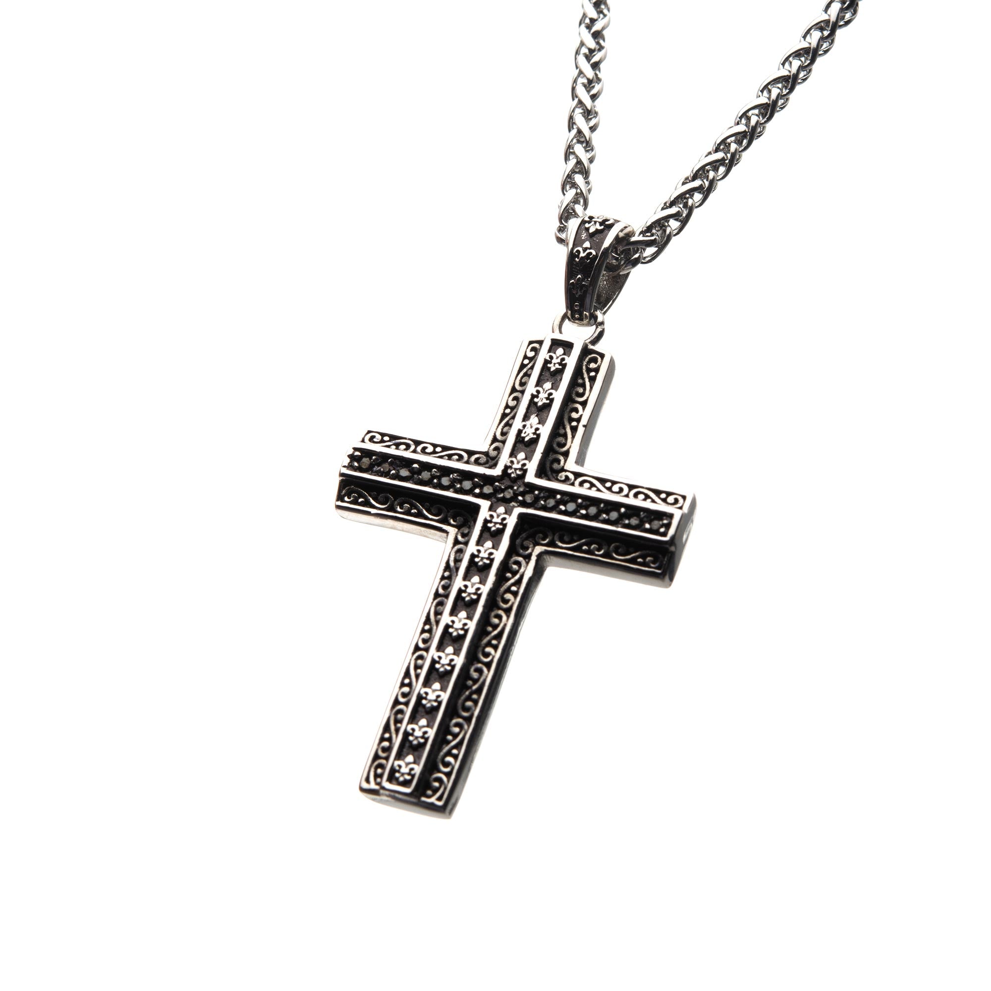 Black Oxidized Steel Cross with Black CZs Pendant with Steel Wheat Chain