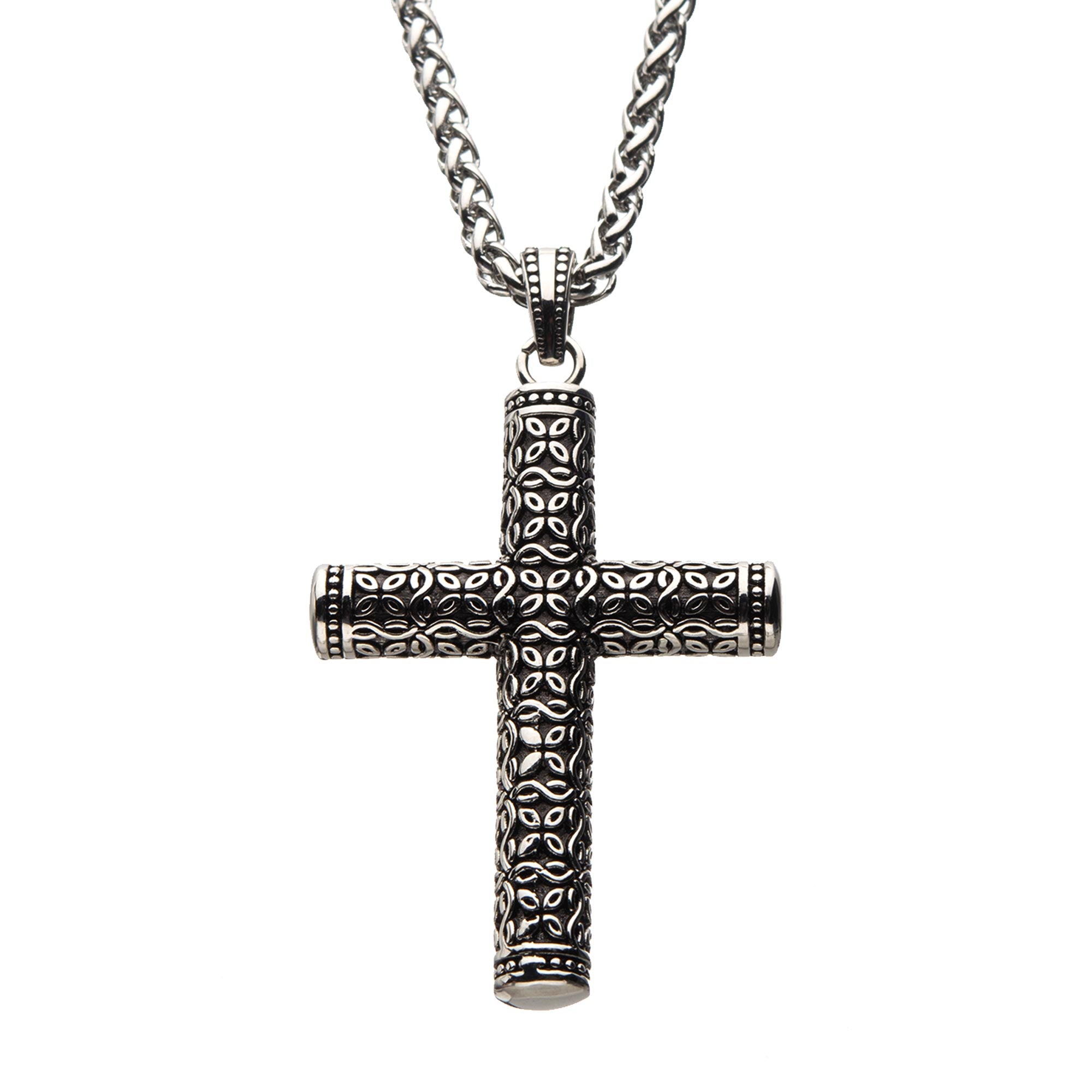 Black Oxidized Steel Rounded Cross Pendant with Steel Wheat Chain