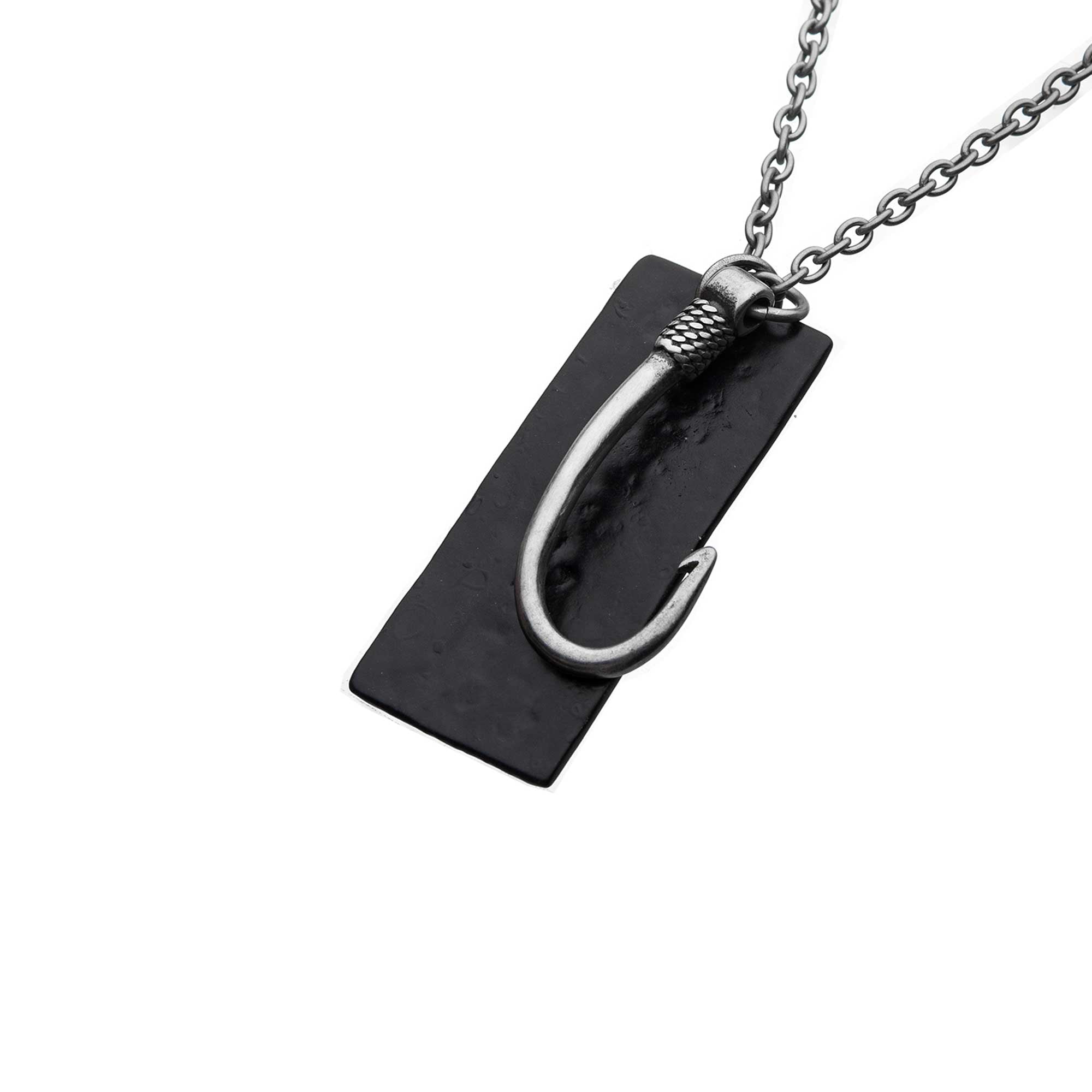 Stainless Steel Antiqued Finish Fish Hook and Black Leather Tag Pendant with chain