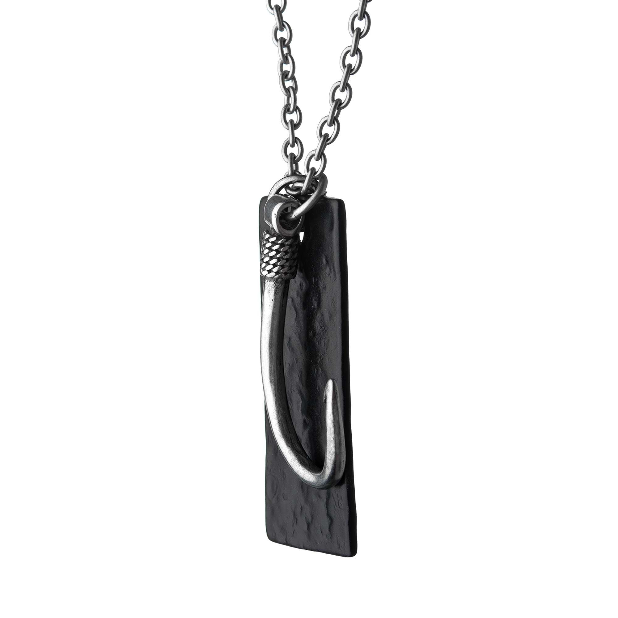 Stainless Steel Antiqued Finish Fish Hook and Black Leather Tag Pendant with chain