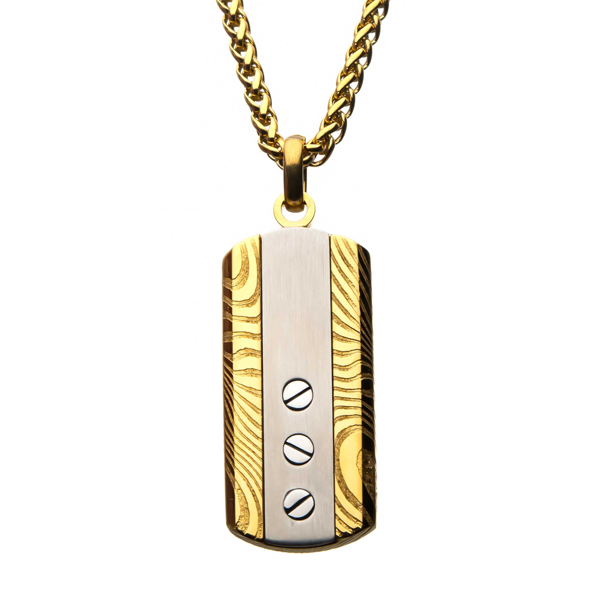 Stainless Steel & Gold Plated Screw Damascus Dog Tag Pendant with Chain
