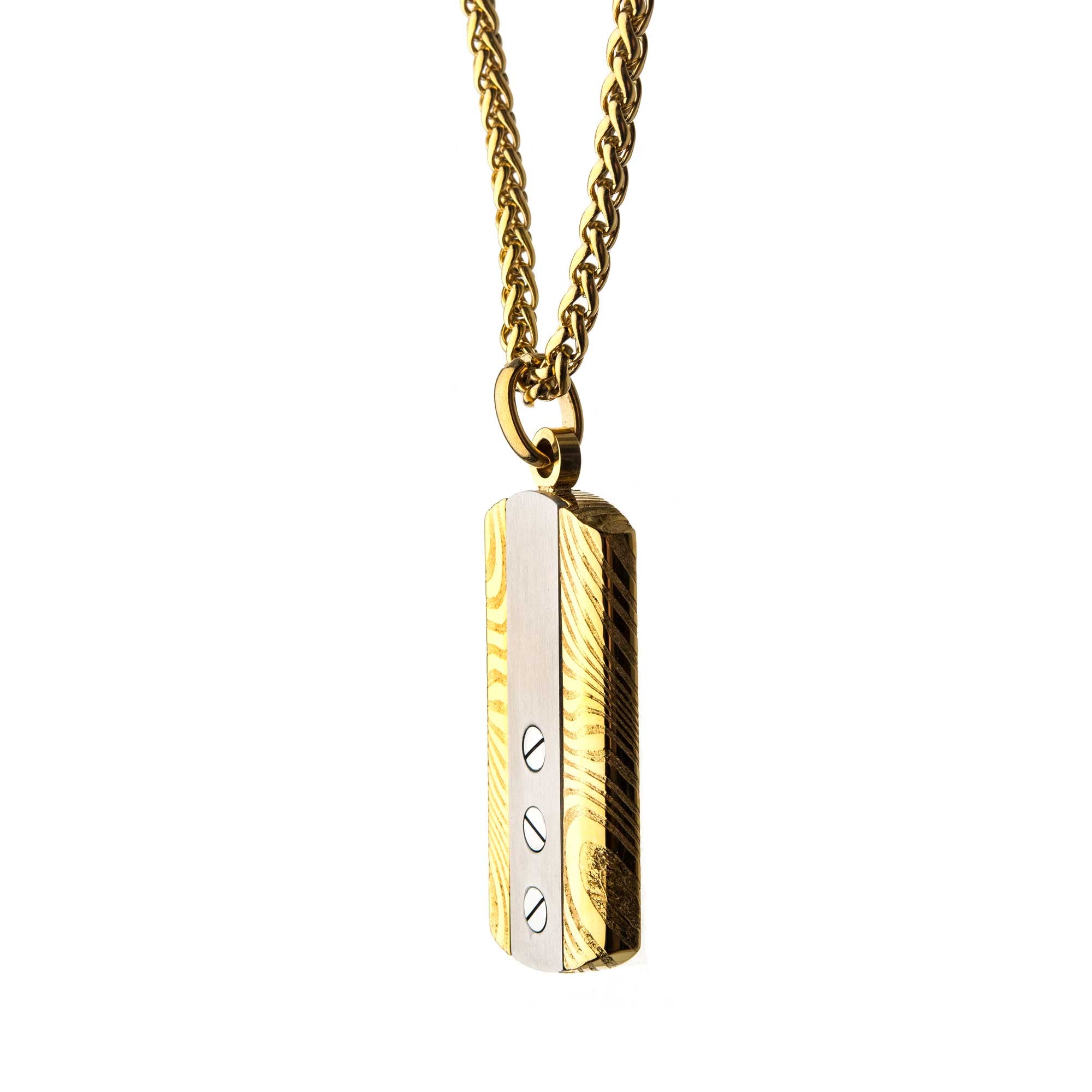 Stainless Steel & Gold Plated Screw Damascus Dog Tag Pendant with Chain