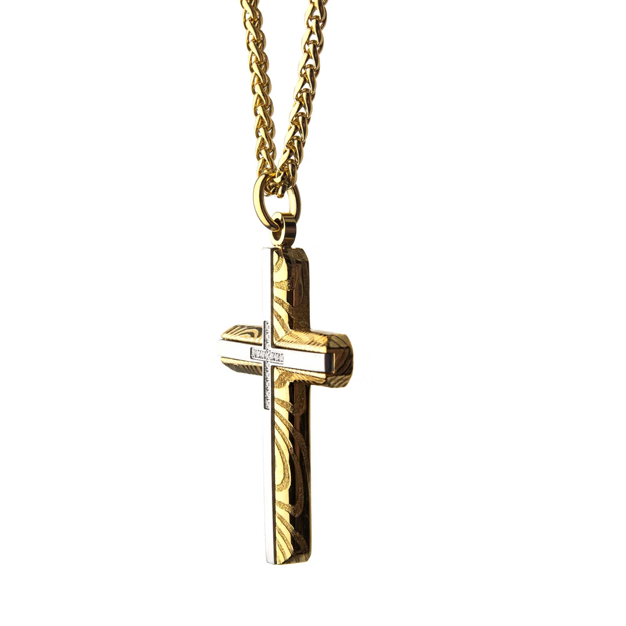 Stainless Steel & Gold Plated Damascus Cross Pendant with Chain